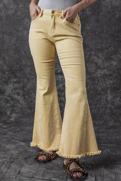 Khaki Raw Edge Mid Waist Flared Jeans-Bottoms-MomFashion