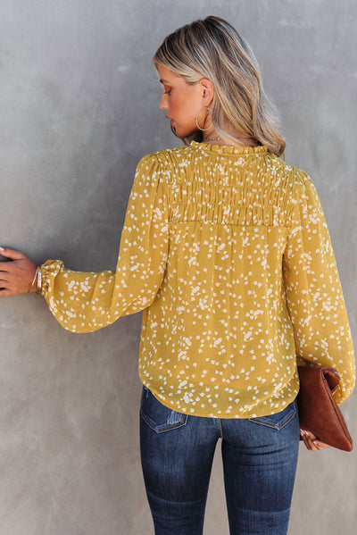 Yellow Split Neck Fall Printed Crinkled Blouse-Tops-MomFashion