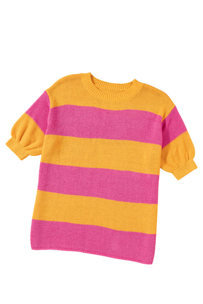 Orange Stripe Color Block Knitted T-shirt Sweater-Tops-MomFashion