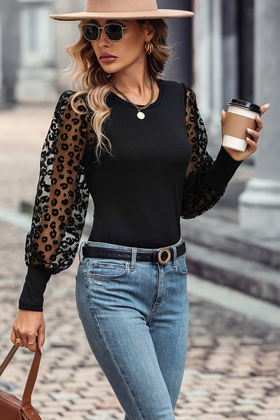 Black Leopard Mesh Puff Sleeve Patchwork Slim Fit Top-Tops-MomFashion