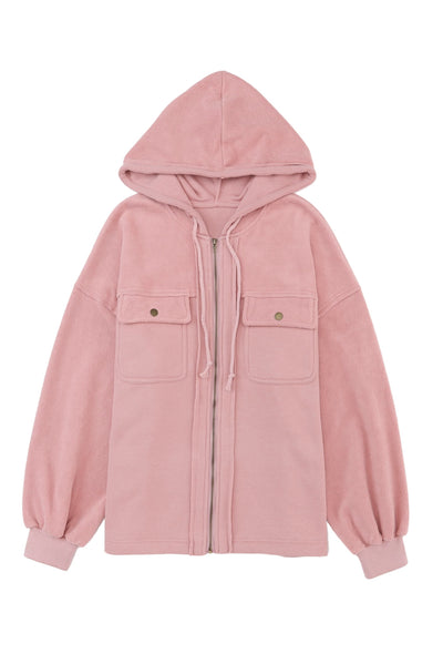 Pink Flap Pocket Drawstring Hood Zip Up Jacket-Outerwear-MomFashion