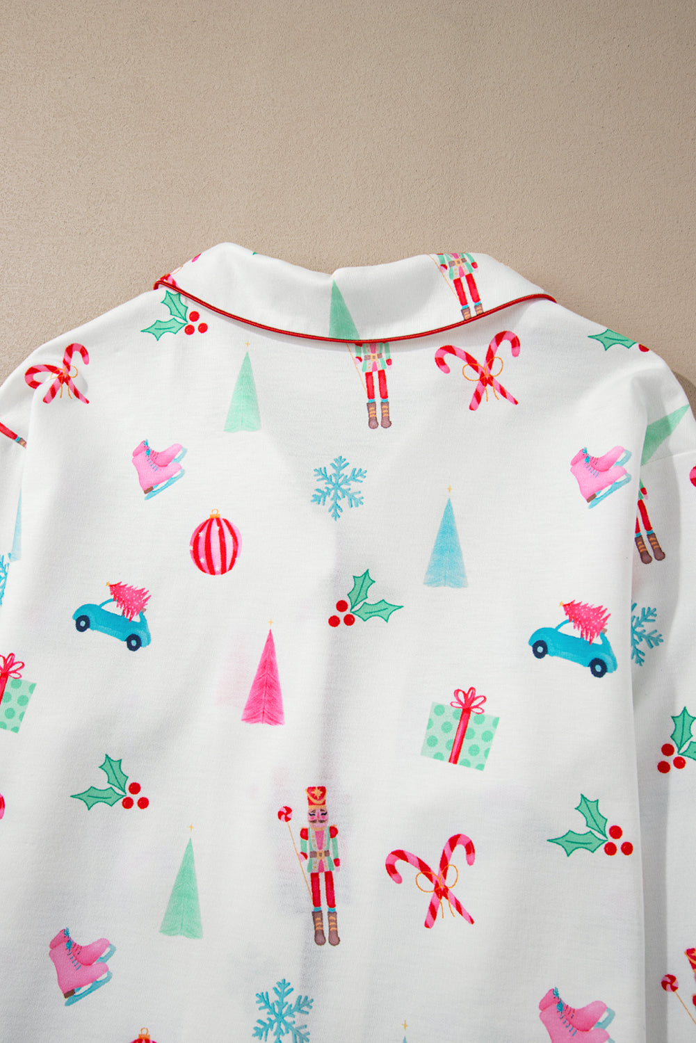 White Christmas Print Lapel Shirt and Pants Sleepwear-Loungewear & Sleepwear/Sleepwear-MomFashion