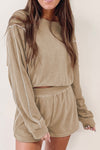 Khaki Piping Trim Long Sleeve Terry Shorts Set-Loungewear-MomFashion