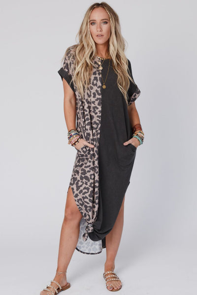 Black Contrast Solid Leopard Short Sleeve T-shirt Dress with Slits-Dresses-MomFashion