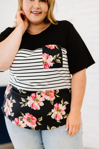 Black Plus Size Splicing Block Stripe Floral Short Sleeve Top-Plus Size-MomFashion