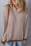 Brown Striped Turtleneck Loose Sweater-Tops-MomFashion