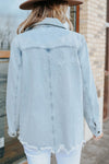 Sky Blue Flap Pocket Buttoned Raw Hem Denim Jacket-Outerwear-MomFashion