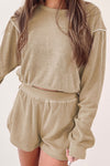 Khaki Piping Trim Long Sleeve Terry Shorts Set-Loungewear-MomFashion