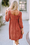 Brown Suede Square Neck Puff Sleeve Dress-Dresses-MomFashion