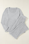 Light Grey Ribbed Knit V Neck Slouchy Two-piece Outfit-Loungewear-MomFashion