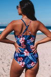 Black Floral Print Mesh Patchwork Criss Cross One-piece Swimsuit-Swimwear-MomFashion