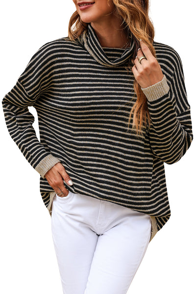 Black Striped Turtleneck Loose Sweater-Tops-MomFashion