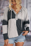 Gray Colorblock Seamed Ribbed Henley Hoodie-Tops-MomFashion