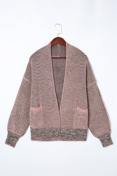 Pink Chunky Waffle Knit Oversized Collar Cardigan-Tops-MomFashion