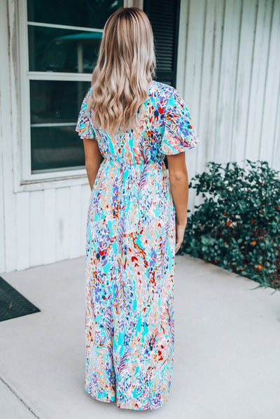 Green Wrap V Neck Floral Maxi Dress-Dresses-MomFashion