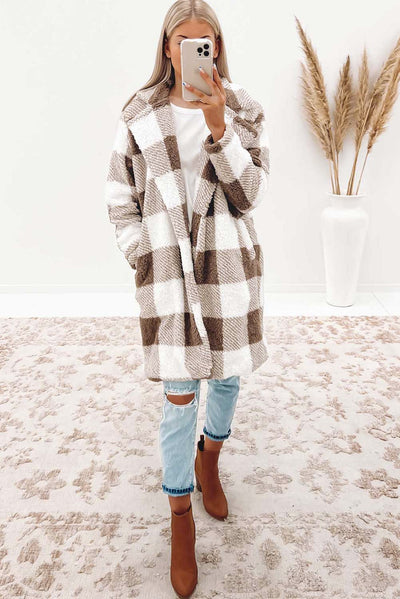 Brown Plaid Lapel Collar Long Open Front Coat-Outerwear-MomFashion