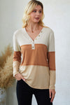 Orange Striped Color Block Henley Top-Tops-MomFashion