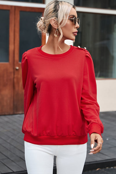 Fiery Red Button Tab Detail Long Sleeve Top-Tops-MomFashion