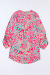 Rose Plus Size Paisley Print V Neck Roll Tab Sleeve Blouse-Plus Size-MomFashion