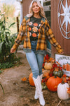 Orange Plaid Patch Hooded Frayed Snap Button Jacket-Outerwear-MomFashion