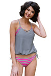 Light Gray Tankini with Stripes Patchwork-Swimwear-MomFashion