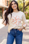 Beige Flower Patch Graphic Exposed Seam Wide Sleeve Top-Graphic/Graphic Long Sleeve Tees-MomFashion