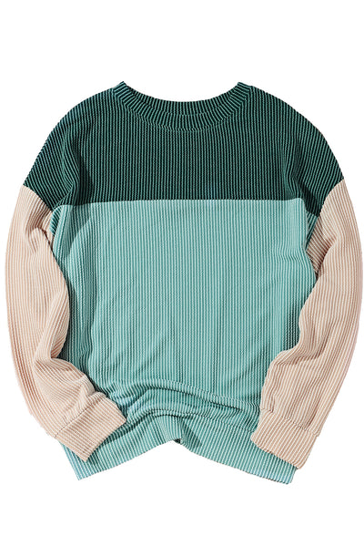 Green Color Block Long Sleeve Ribbed Loose Top-Tops-MomFashion