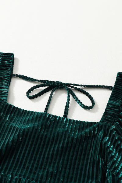 Green Tie Back Square Neck Velvet Babydoll Dress-Dresses-MomFashion