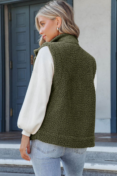 Green Snap Button Pocketed Sherpa Vest Jacket-Outerwear-MomFashion