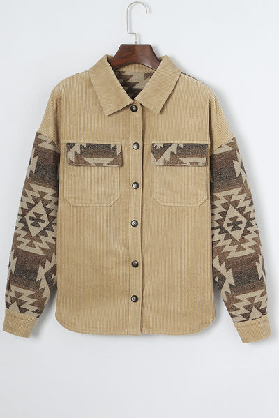 Khaki Aztec Print Patchwork Frayed Edge Corduroy Jacket-Outerwear-MomFashion