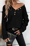 Black Pointelle Knit Button V Neck Drop Shoulder Sweater-Tops-MomFashion