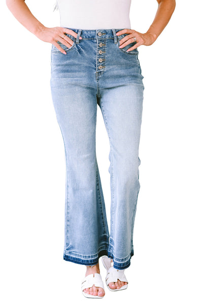 Sky Blue High Waist Buttoned Distressed Flared Jeans-Bottoms-MomFashion