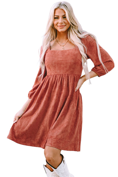 Brown Suede Square Neck Puff Sleeve Dress-Dresses-MomFashion