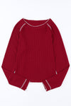 Fiery Red Textured Round Neck Long Sleeve Top-Tops-MomFashion