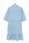 Sky Blue Ruffled Denim Full Buttoned Midi Dress-Dresses-MomFashion