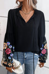 Black Floral Patched Flounce Sleeve Split Neck Blouse-Tops-MomFashion