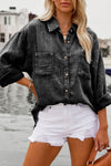 Black Mineral Wash Crinkle Textured Chest Pockets Shirt-Tops-MomFashion