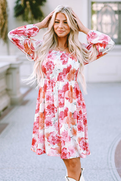 White Floral Print Smocked Puff Sleeve Mini Dress-Dresses-MomFashion