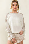 White Exposed Seam Textured Patch Buttoned Sleeve Top-Tops-MomFashion