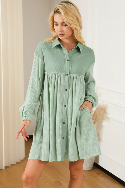 Green Patchwork Crinkle Puff Sleeve Shirt Dress-Dresses-MomFashion