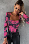 Rose Red Floral Print Shoulder Pad Long Sleeve Square Neck Top-Tops-MomFashion