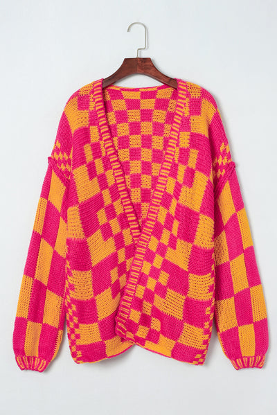 Multicolor Open Front Mixed Checkered Pattern Knit Cardigan-Tops-MomFashion