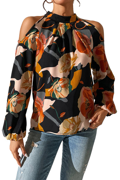 Black Floral Print Cold Shoulder Lantern Sleeve Blouse-Tops-MomFashion