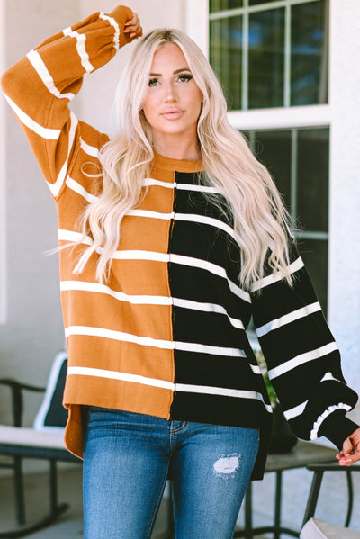 Stripe Oversized Contrast Printed Dropped Shoulder Top-Tops-MomFashion