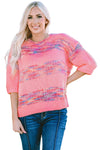 Rose Colorful Stripes 3/4 Sleeve Loose Sweater-Tops-MomFashion