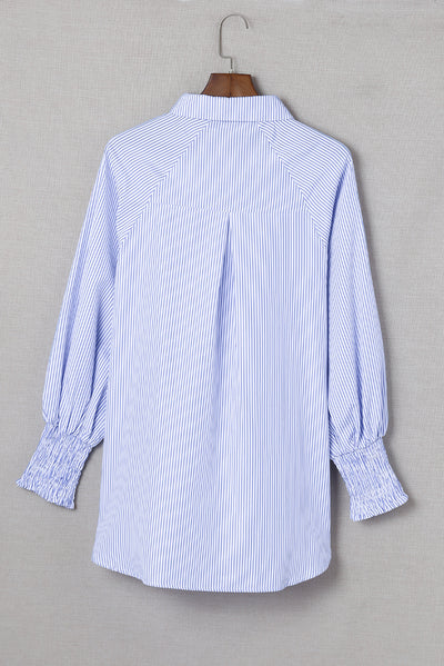 Sky Blue Smocked Cuffed Striped Boyfriend Shirt with Pocket-Tops-MomFashion