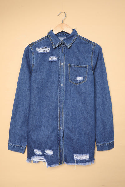 Blue Ripped Denim Jacket-Outerwear-MomFashion