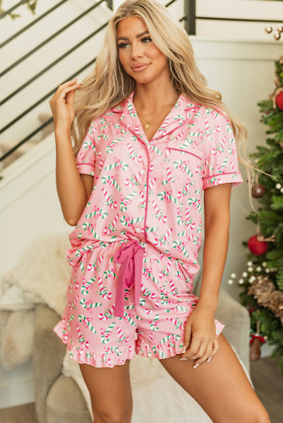 Pink Christmas Candy Cane Print Pocketed Knotted Pajama Set-Loungewear & Sleepwear/Sleepwear-MomFashion