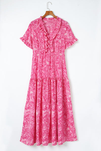 Pink Paisley Print Boho Holiday Ruffle Tiered Maxi Dress-Dresses-MomFashion