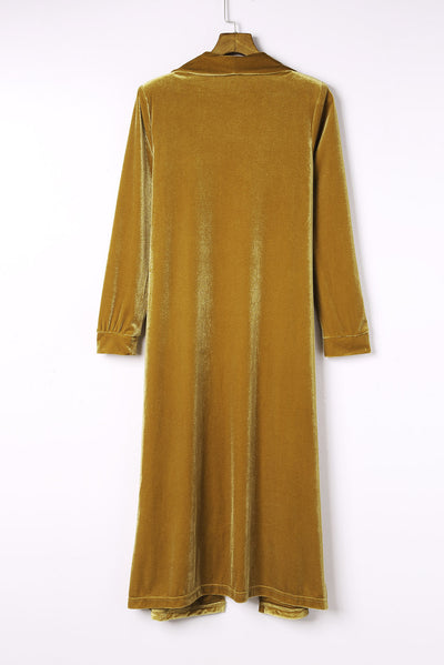 Yellow Velvet Open Front Pocketed Long Duster-Tops-MomFashion